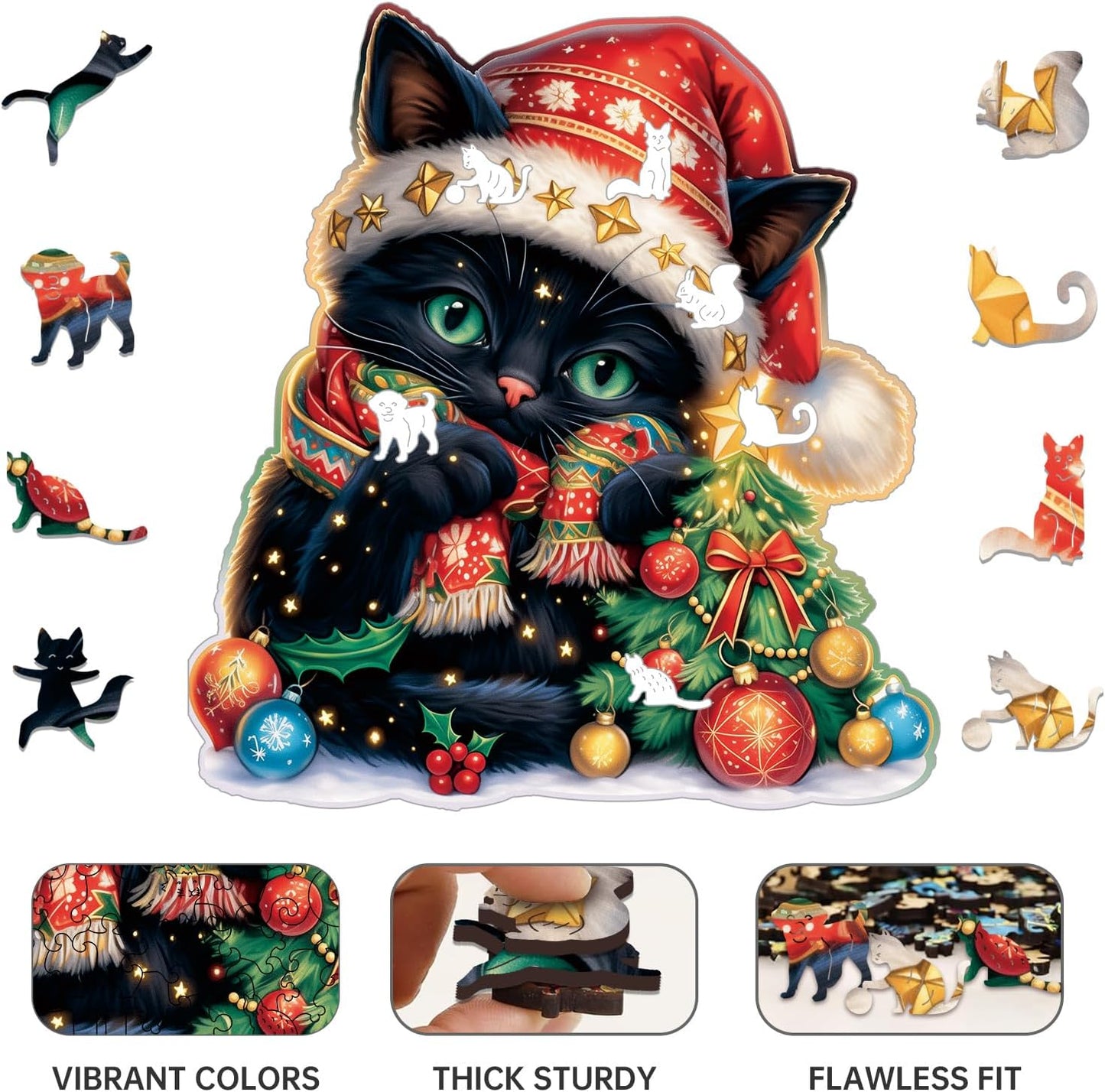 Skiennix Wooden Jigsaw Puzzle - 200 Piece Christmas Cat Design | Unique 11 x 11 Inch Challenge for Adults
