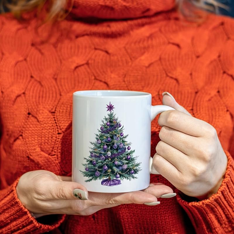 Purple Christmas Tree Mug - 11oz Ceramic Coffee Cup with White Variation