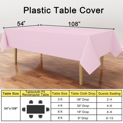 smiry Disposable Table Cloth 6 Pack, 54 x 108 Inch Table Cloths for Parties, Decorative Tablecloths for Rectangle Tables, Waterproof Plastic Table Cover, Leakproof & Sturdy, Pink