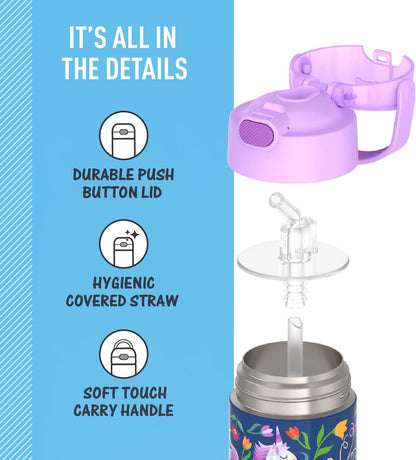 THERMOS FUNTAINER Water Bottle - 12 Ounce Kids Stainless Steel Insulated Bottle | Unicorn Blooms Design