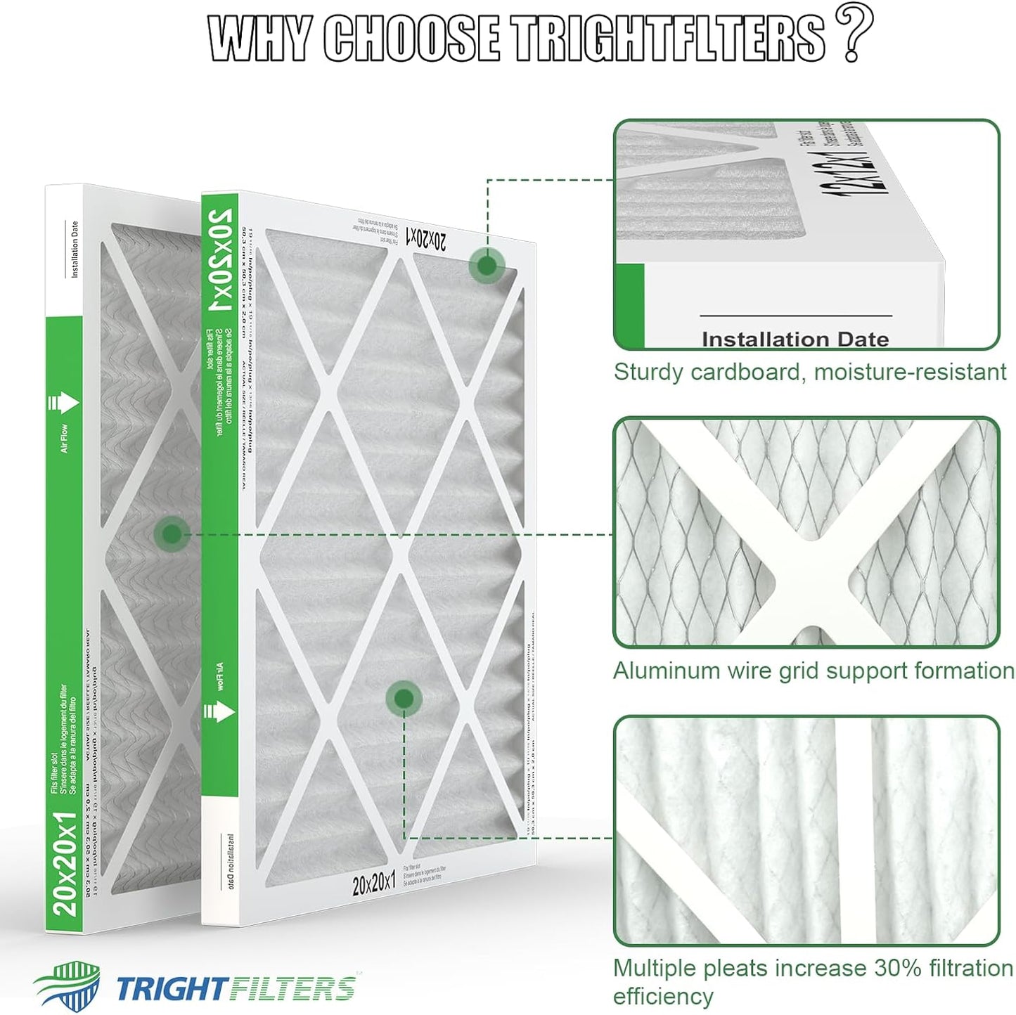 TRIGHTFILTERS 20x20x1 Air Filter - MERV 8 Pleated Dust Defense | 4 Pack Replacement for HVAC & AC Systems