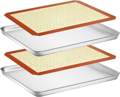 Wildone Baking Sheet Set - Stainless Steel Cookie Pan with Silicone Mats | 16 x 12 Inch, Set of 4