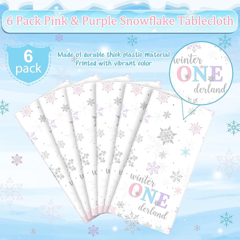 6Pcs Winter Onederland Tablecloths 54x108 in - Snowflake Disposable Party Covers (Purple Pink Blue) 6 Pack