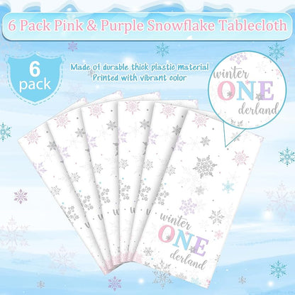 6Pcs Winter Onederland Tablecloths 54x108 in - Snowflake Disposable Party Covers (Purple Pink Blue) 6 Pack