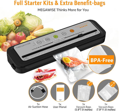 MEGAWISE Vacuum Sealer Machine - Powerful One-Touch Automatic Design | Seals in 10-20 Seconds | Includes 10 Bags & Cutter (Grey)