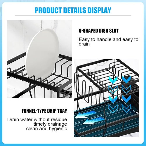 7 Code Large Dish Drying Rack - Detachable 2-Tier Kitchen Organizer with Utensil Holder | Black