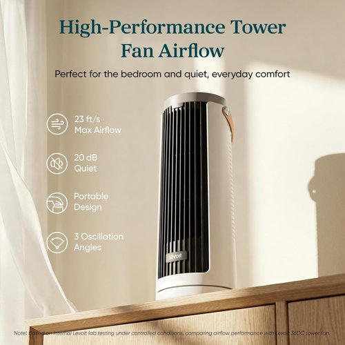 LEVOIT Bladeless Tower Fan - 20dB Quiet Operation, 4-Speed Oscillation, Portable Design, White