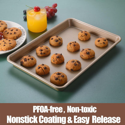 Skiennix Nonstick Cookie Sheets - Heavy Duty 2-Pack Baking Pan Set | Gold Diamond Texture, Oven Safe