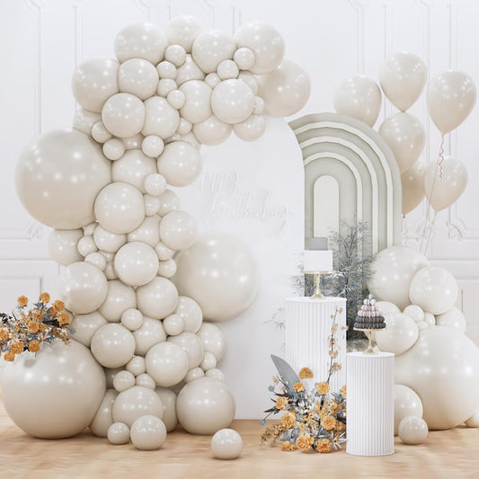 PartyWoo White Sand Balloons - 155-Piece Boho Neutral Balloon Arch Kit for Weddings & Parties | 5-18 Inch