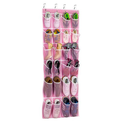 SAVERHO Hanging Shoe Organizer, Over The Door Shoe Organizer with 24 Breathable Mesh Pockets for Men Women Kids Hanging Shoe Storage Rack Organizer Size:58x21 Inch（Pink）