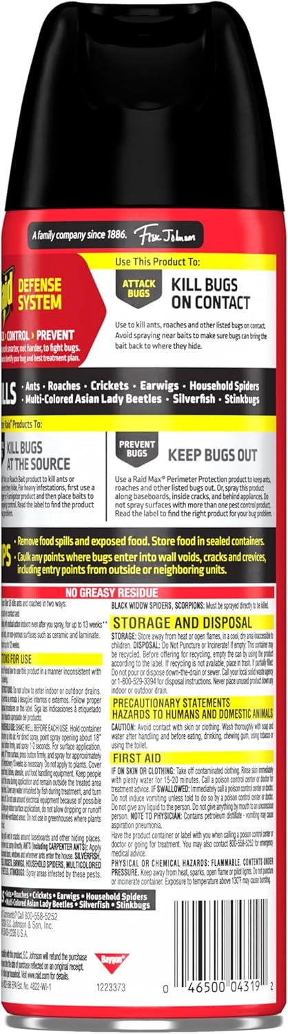Raid Ant & Roach Aerosol Bug Spray - Water-Based Insecticide, Kills On Contact, 17.5 oz