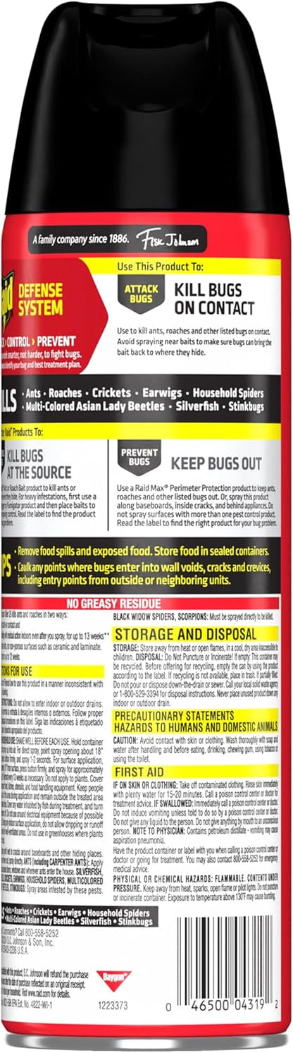 Raid Ant & Roach Aerosol Bug Spray - Water-Based Insecticide, Kills On Contact, 17.5 oz