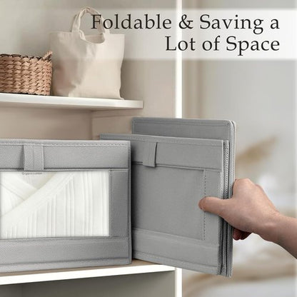 Criusia Linen Closet Organizers - 4 Pack Foldable Storage Baskets for Towels, Clothing, and Books | Grey