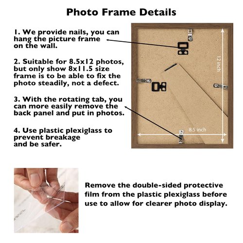 JCJMY 8.5x12 Picture Frame Brown for Wall Hanging or Tabletop, Wall Mounting Horizontally or Vertically, 8.5 x 12 Wall Gallery Poster Photo Frame with Shatter Resistant Plexiglass, Brown