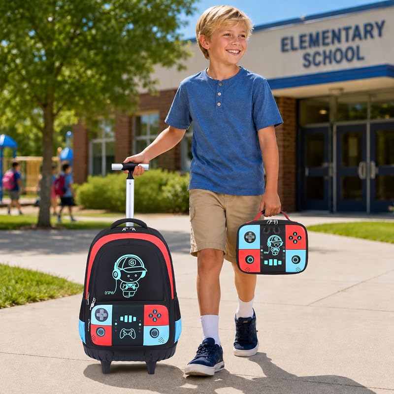 Rolling Backpack for Boys - 3-in-1 Kids Rolling Backpack with Wheels, Red/Blue