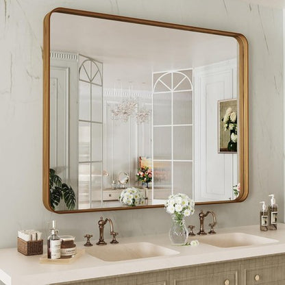 LOAAO Bathroom Mirror - 40x24 Inch Rounded Rectangle Design with Wood Grain Metal Frame | Anti-Rust, Versatile Hanging Options