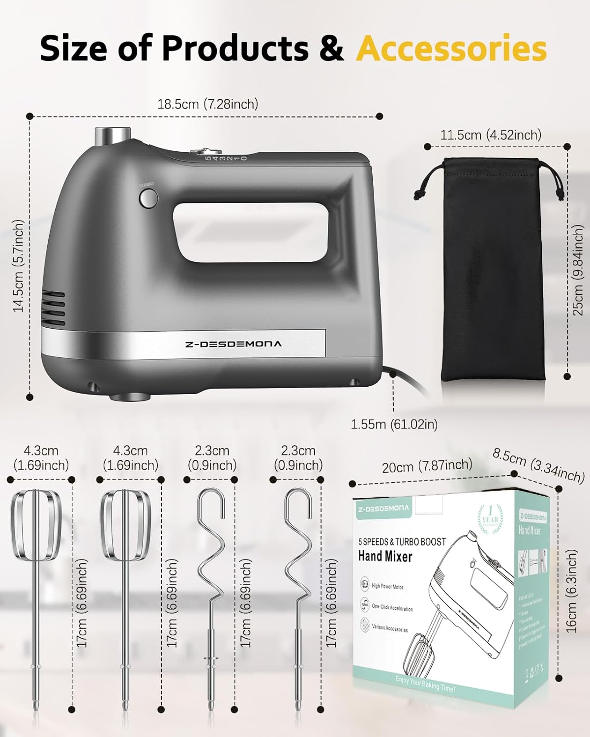 Skiennix Electric Hand Mixer - Powerful Handheld Mixer with 304 Beaters & Dough Hook | Turbo Function, Grey