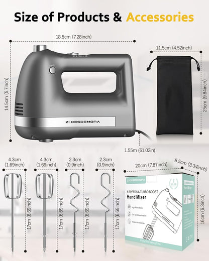 Skiennix Electric Hand Mixer - Powerful Handheld Mixer with 304 Beaters & Dough Hook | Turbo Function, Grey