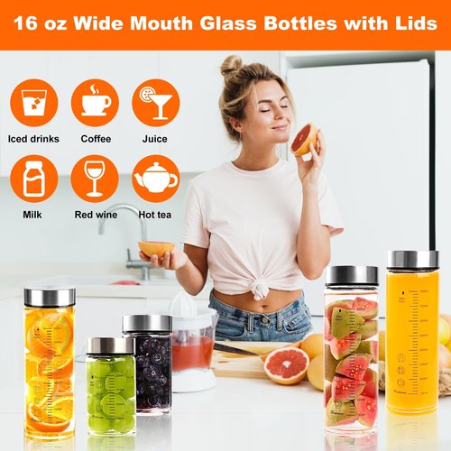 Glass Juice Bottles 4 Pack 16 oz - Wide Mouth Glass Water Bottles with Lids - for Juicing, Protein, Smoothie, Milk, Reusable, BPA Free, Stainless Steel Lids, Blender, Shaker Bottle (16oz/500ml)