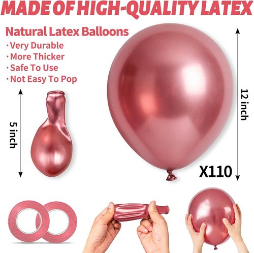 110pcs Metallic Balloons - 12 Inch Latex Balloons for Birthday Party, Baby Shower & Wedding | Includes 2 Ribbons