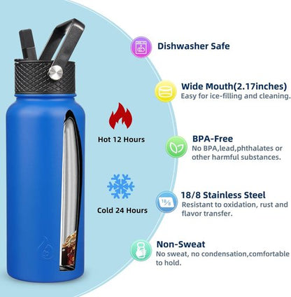 BJPKPK Insulated Water Bottle - 32oz Metal Bottle with Straw Lid, BPA-Free, Leak-Proof - Sapphire