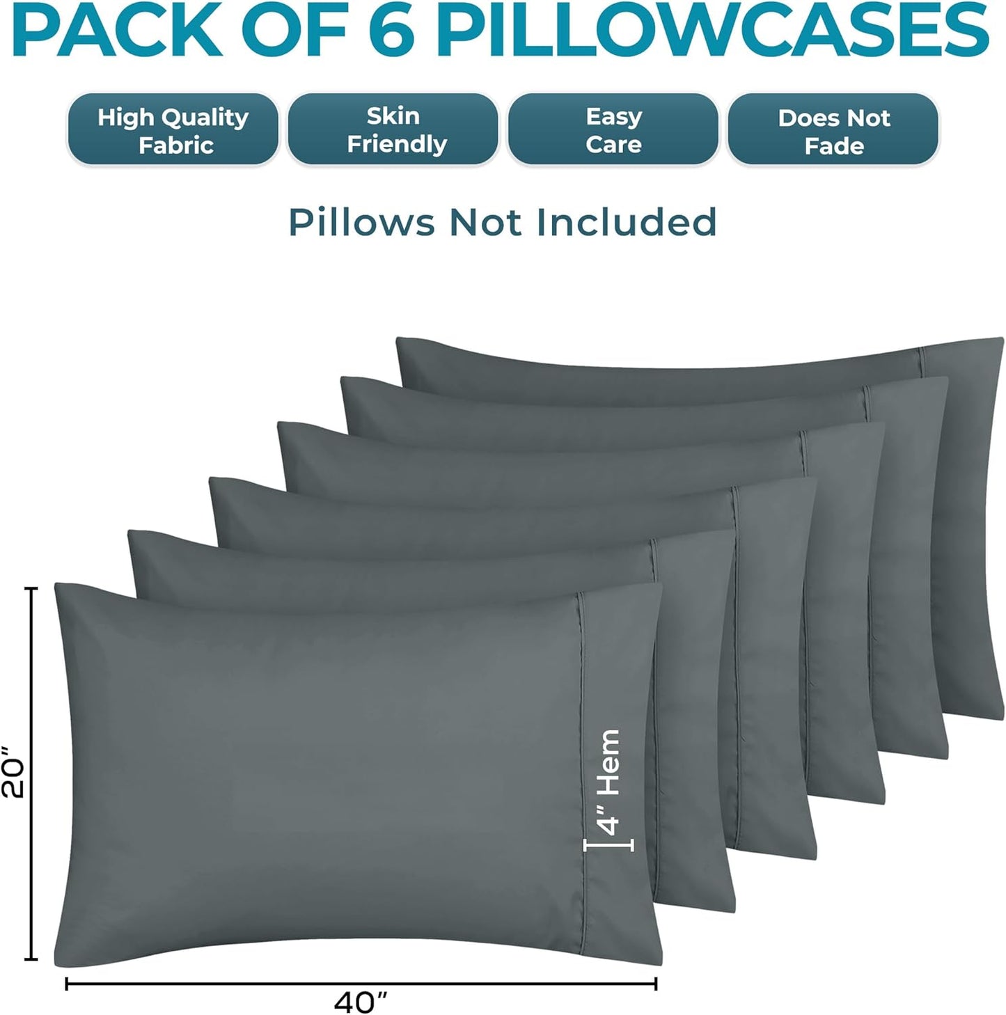 Utopia Bedding King Pillow Cases - 6 Pack Soft Brushed Microfiber - Fade Resistant 20 x 40 Inches | Grey