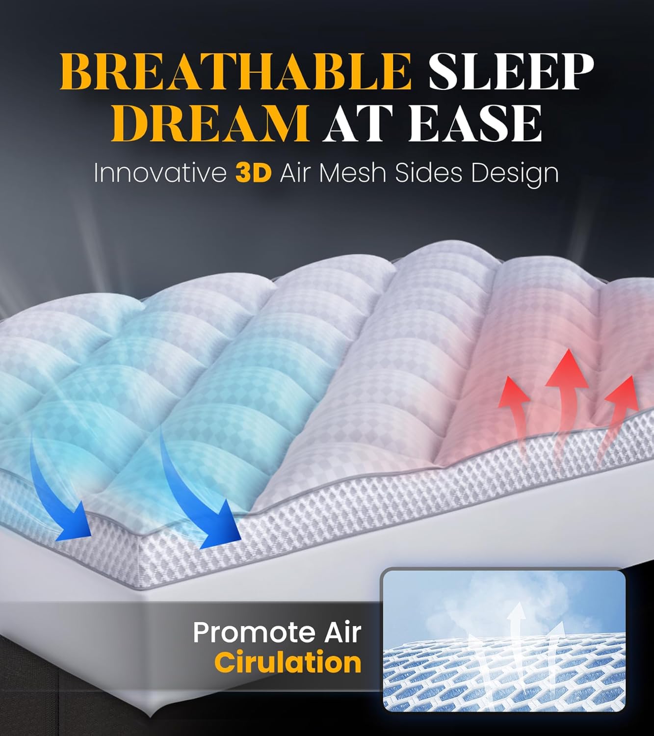 Skiennix 3-Inch Ultra-Fluffy Memory Foam Mattress Topper - Soft Pillow Top for Back Pain | Queen Size with Breathable Air Mesh Sides