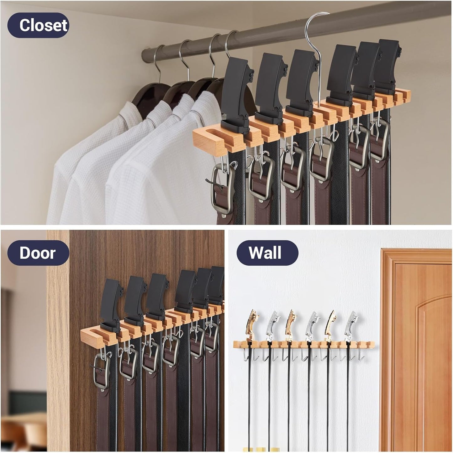 Ohuhu Belt Hanger Organizer - 2-in-1 Wall Mount with 14 Slots & 13 Hooks | 360° Rotating Wooden Storage for Belts, Ties & Scarves
