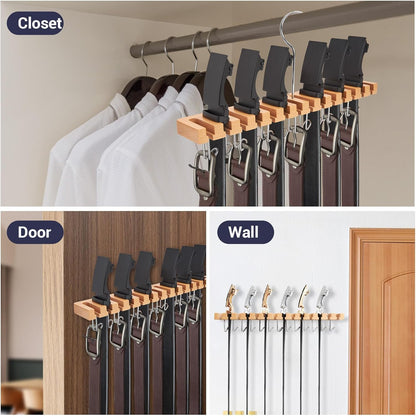 Ohuhu Belt Hanger Organizer - 2-in-1 Wall Mount with 14 Slots & 13 Hooks | 360° Rotating Wooden Storage for Belts, Ties & Scarves