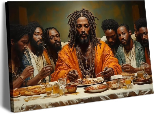 Regine Switzerland Modern Black Jesus Canvas Wall Art - The Last Supper Painting | 12x16in Christian Decor for Home
