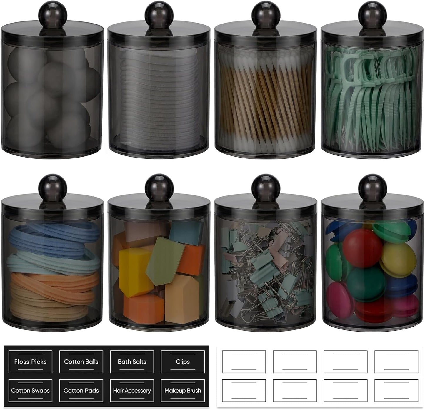 Skiennix Acrylic Qtip Holder Dispenser - 8 Pack Clear Plastic Canisters for Cotton Swabs & Makeup Storage | Bathroom Essentials