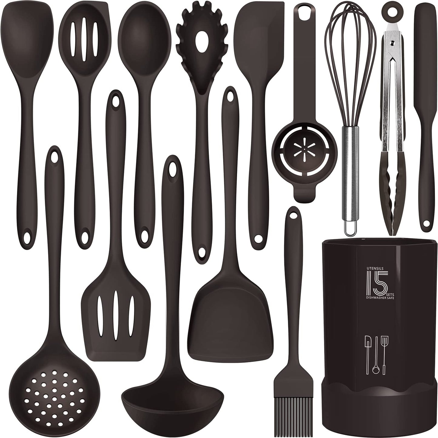 Silicone Cooking Utensils Set - 446°F Heat Resistant Kitchen Utensils,Spatula Sets,Turner Tongs,Spoon,Kitchen Utensil Gadgets Tools Set for Nonstick Cookware,Dishwasher Safe BPA Free (Coffee)