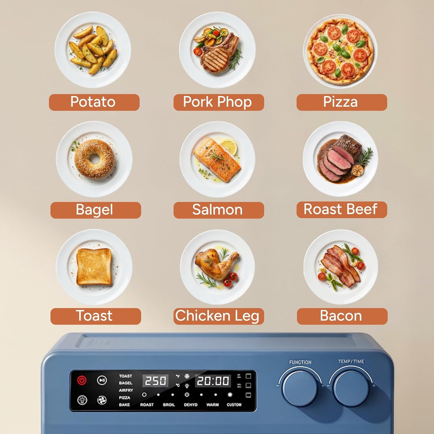 SMIRLY Digital Air Fryer Toaster Oven - 27QT Convection Oven | 10-in-1 Multi-Function, Fits 12" Pizza & 6 Slices of Toast, Stainless Steel, Blue