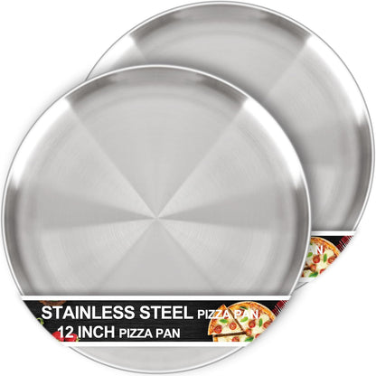 Stainless Steel Pizza Pan Set of 2 - 12 Inch Non-Stick Round Trays for Easy Baking & Cleaning