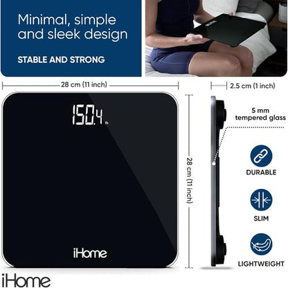iHome Digital Bathroom Scale - Accurate Body Weight Measurement | Batteries Included, Sleek Black Design
