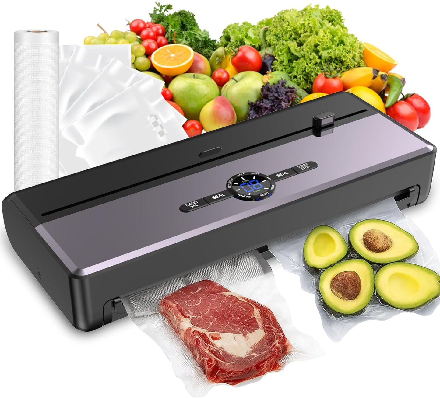 Skiennix Food Vacuum Sealer - 85KPA Strong Suction, Automatic Seal in 10-20 Secs, Includes 10 Bags & Roll