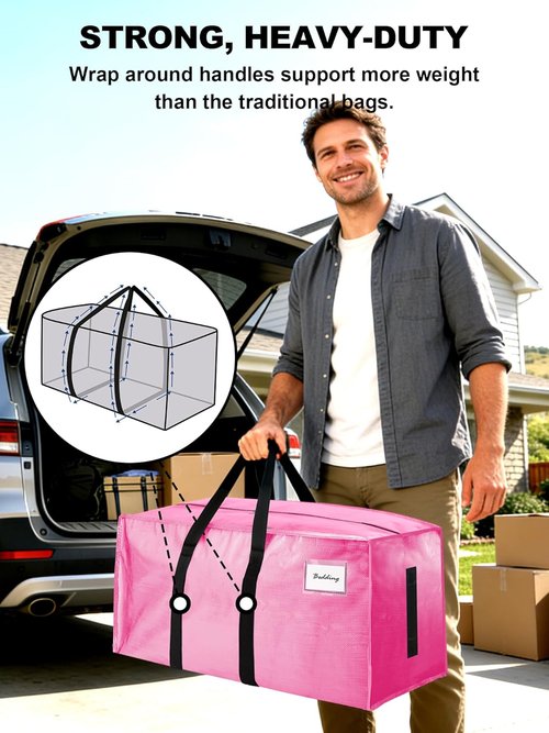 4 Pack Large Moving Bags by [Brand Name] - Water-Resistant Heavy Duty Storage Totes - Space-Saving Design (Pink)