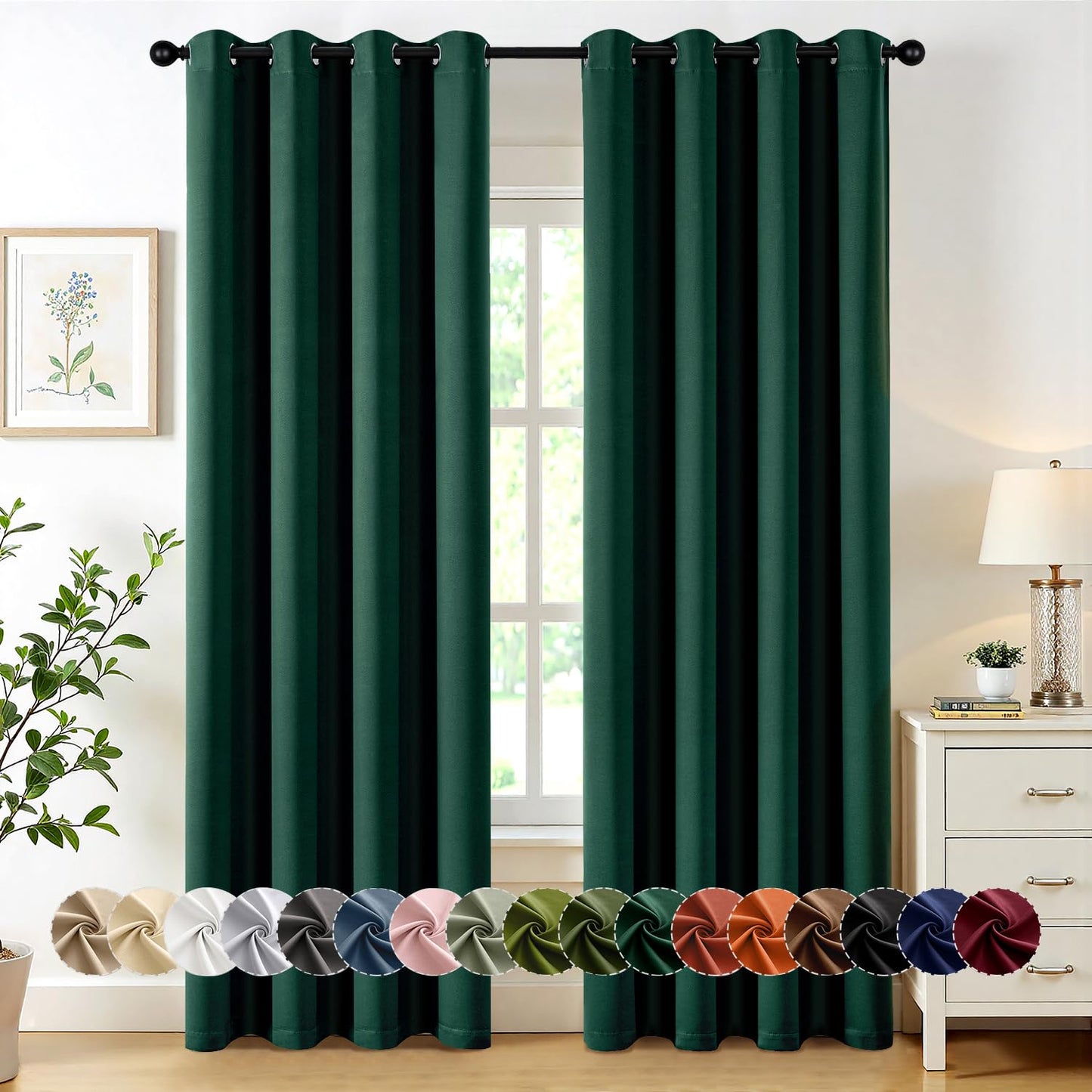 MIULEE Hunter Green Blackout Curtains for Bedroom Living Room 84 Inches Long 2 Panels, Thermal Insulated Room Darkening Drapes Solid Grommet Noise Reduction Light Blocking Window Treatments 50x84 Inch