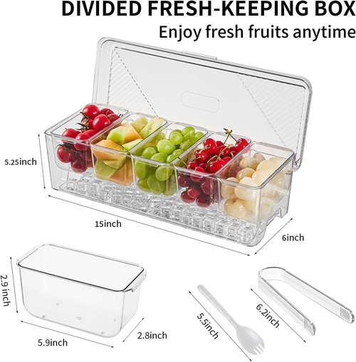 Ice Chilled Condiment Caddy,Stackable Chilled Condiment Containers,Serving Platters with Lid and 5 Removable Compartments,Set of 5 Serving Spoons & 2 Clips (1pack)