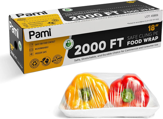 PAMI Plastic Food Wrap - 18 Inch Wide X 2000ft | Clear BPA-Free Cling Wrap with Dispenser Box