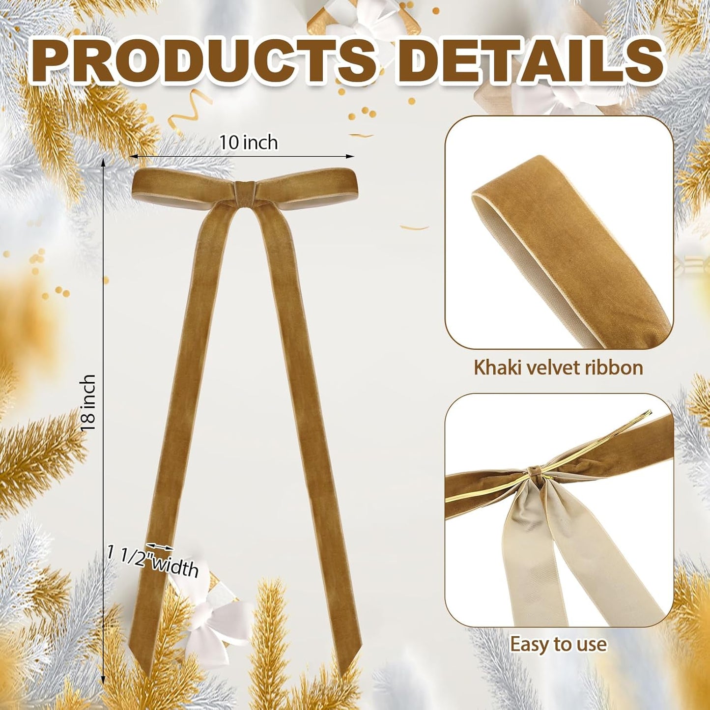 Skiennix 24 Pcs Velvet Bows - Vintage Ribbon Bows for Christmas Tree & Crafts | Khaki, 10 x 18 Inch, 1.5" Width