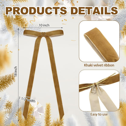 Skiennix 24 Pcs Velvet Bows - Vintage Ribbon Bows for Christmas Tree & Crafts | Khaki, 10 x 18 Inch, 1.5" Width