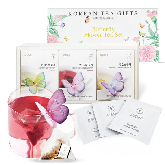 KKOKDAM Tea Korean Gifts - Butterfly Tea Bags, Pink Tea Variety Pack - Tea Bag Sampler, Unique Tea Gifts, Fancy Tea Bags, Korean Teas, Korean Gift Set, Korean Gift Box, Tea Gift Set - 3 Flavors