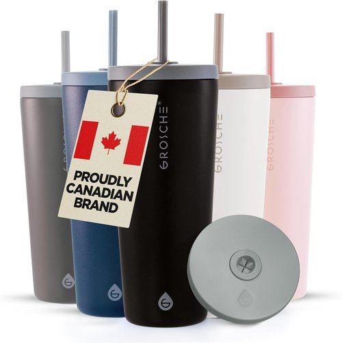 GROSCHE Jasper Insulated Stainless Steel Tumbler - 23 oz Travel Cup with Lid & Straw, Sleek Black Design