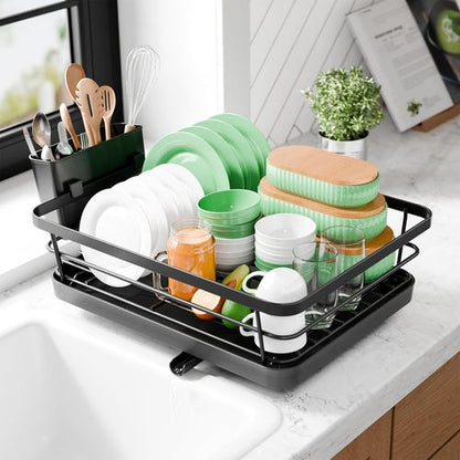 Kitsure Dish Drying Rack - Compact & Adjustable Rust-Proof Kitchen Rack with Utensil Holder | 14.5" x 12" x 4", Black