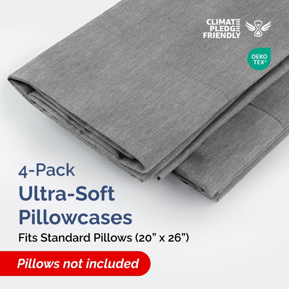 Skiennix Standard Pillow Cases Set of 4 - Soft Hotel Quality Covers - Machine Washable Heathered Grey