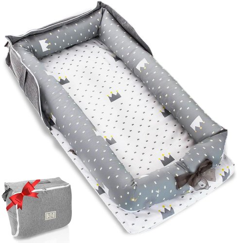 Baby Lounger by Crown | Portable Infant Lounger for Newborns to Toddlers 0-24 Months - Breathable Cotton, Adjustable Size & Travel Strap