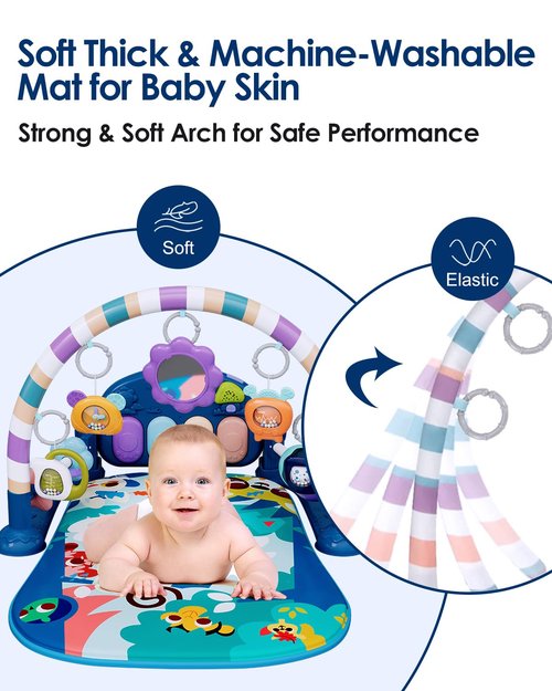 Dearlomum Baby Play Mat - Fun Piano Tummy Time Activity Gym with 5 Sensory Toys | Blue for Newborns 0-12 Months