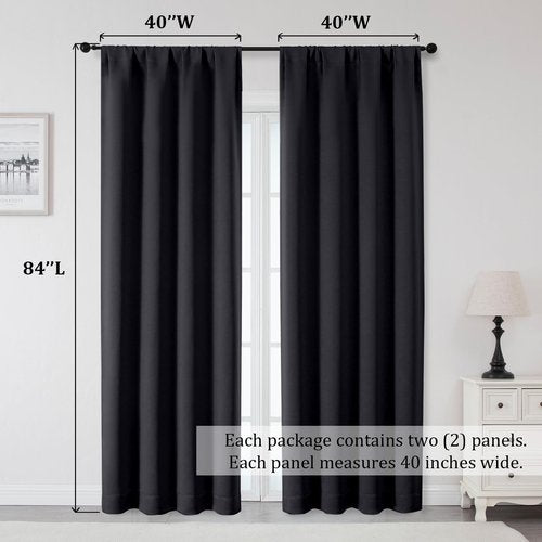 OWENIE Sally Blackout Curtains 84 Inches Long 2 Panels Set for Bedroom Living Room, Solid Thermal Insulated Privacy Room Darkening Window Treatment Drapes, 2 Pcs Each W40 x L84 Inch, Black