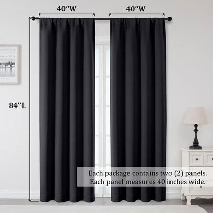 OWENIE Sally Blackout Curtains 84 Inches Long 2 Panels Set for Bedroom Living Room, Solid Thermal Insulated Privacy Room Darkening Window Treatment Drapes, 2 Pcs Each W40 x L84 Inch, Black
